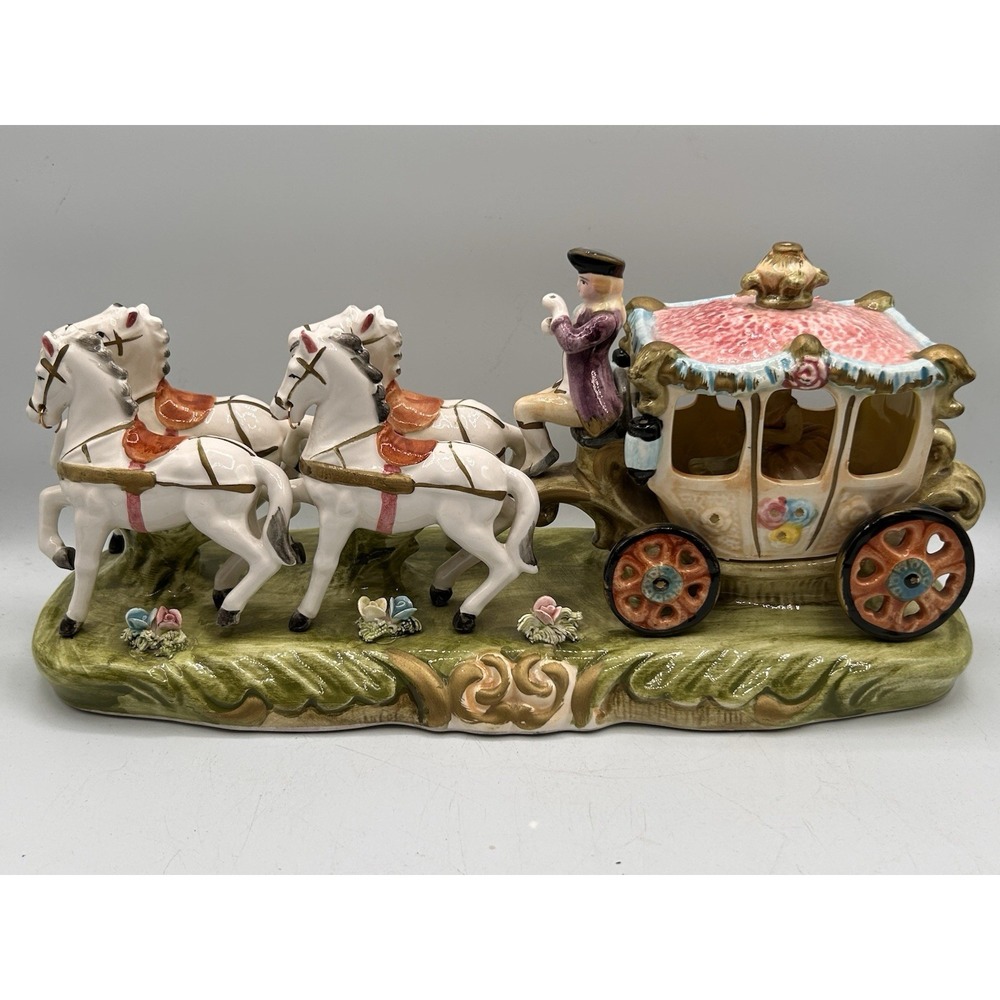 Vintage Capodimonte Porcelain Horse Drawn Royal Carriage Cinderella Figure Japan